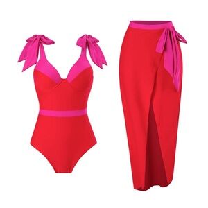 Stylish Red and Pink One Piece Swimsuit with wrap